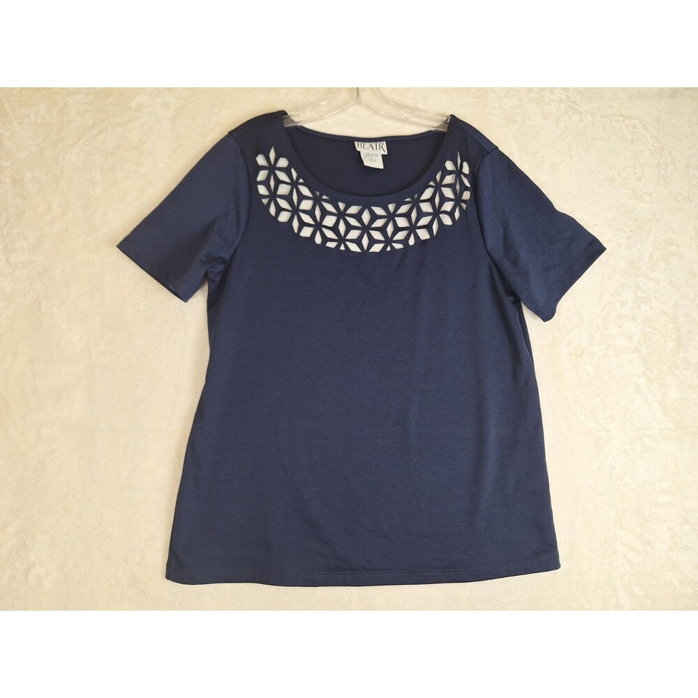 Blair Womens Medium Knit Top Navy Blue with Cutout Neck Short Sleeves Stretch